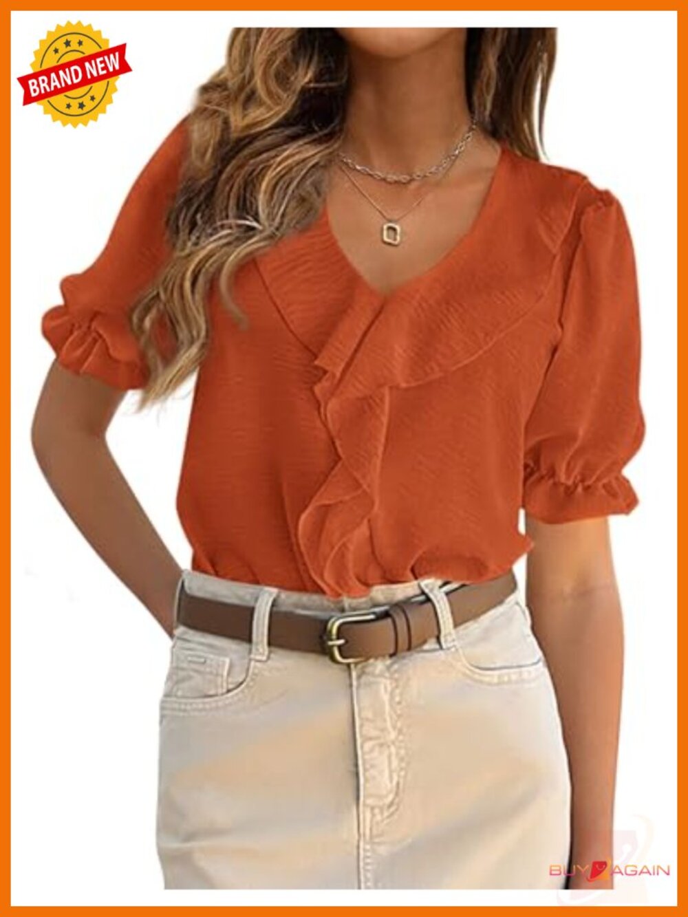 Ruffle V-Neck Lantern Sleeve Blouse Short Sleeve Dressy Casual Top